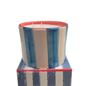 Kaars: Geurkaars in gestreepte keramische pot (blauw/crème)