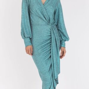 Jurk: partydress turquoise met een blinkende stof