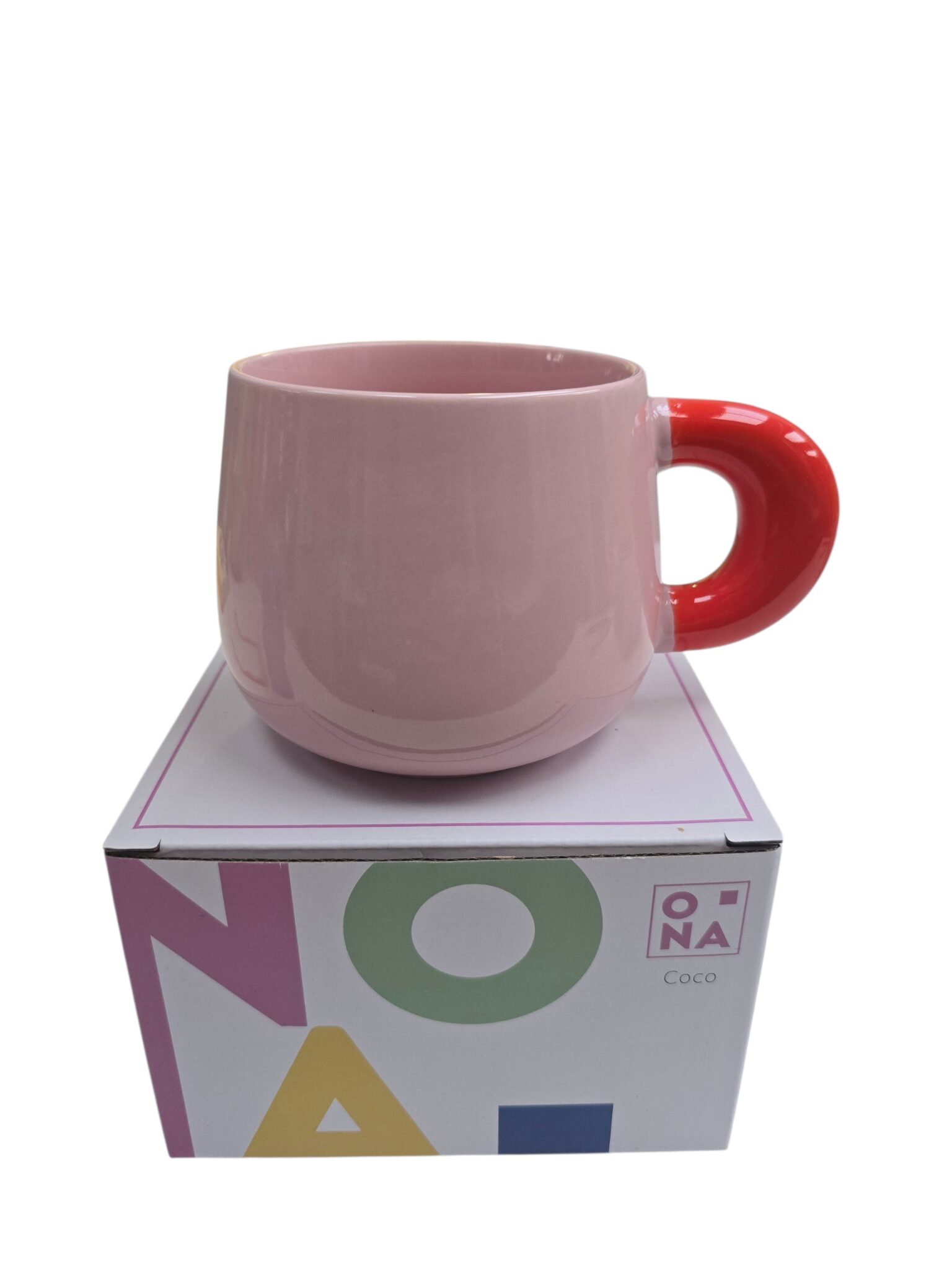 mok: groot, uniek handvat, roze en rood combinatie