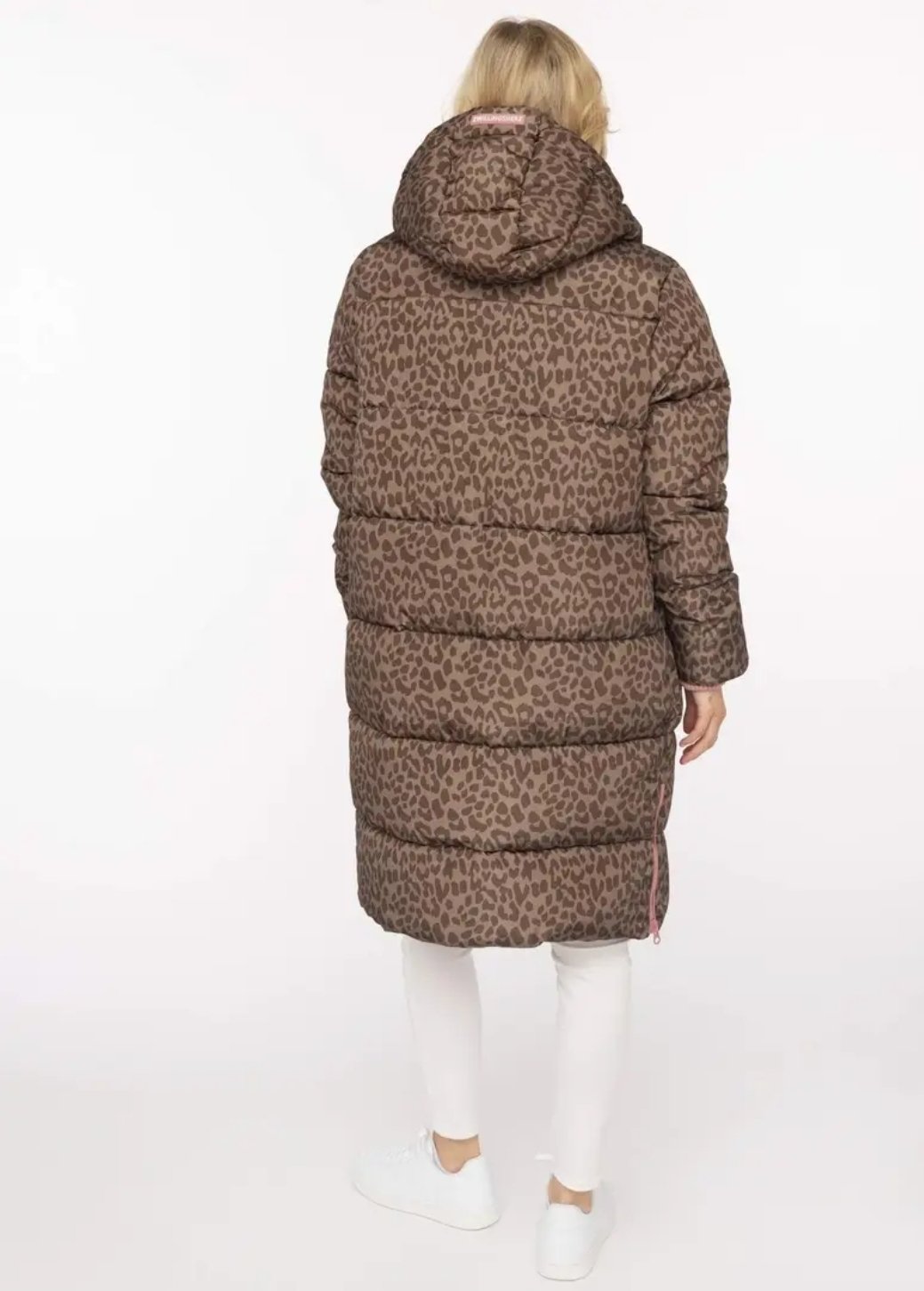 Jas: halflange doorstikte, gewatteerde jas met capuchon leopard taupe / roos - Afbeelding 4