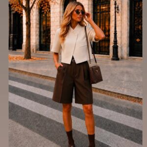 Blazer: beige met korte mouwen en speciale schuine sluiting