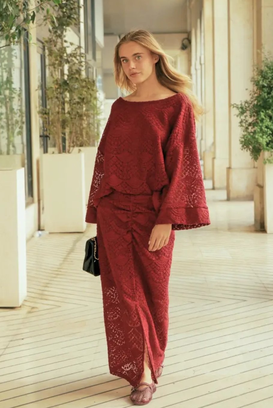 Rok lang smal model met plit in bordeaux - Afbeelding 5
