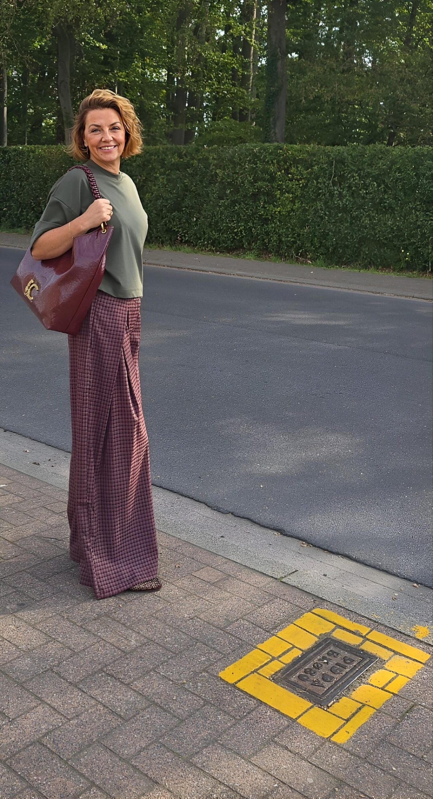 Broek met kleine ruitjes in bordeaux en beige met geplooide zijkanten - Afbeelding 2