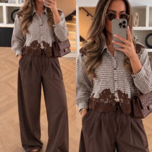 Blouse bruin met ruiten en kant